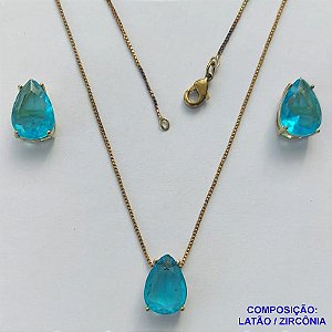 CONJUNTO NO BRUTO PRONTO PARA O BANHO - CORRENTE VENEZIANA 45CM E PINGENTE E BRINCOS COM BASE EM ALTA FUSÃO E ZIRCÔNIAS AZUL 10X14MM - PESO TOTAL 8,6GR -  BRU14370
