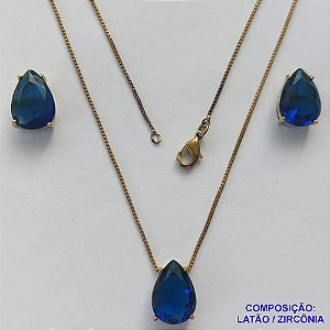 CONJUNTO NO BRUTO PRONTO PARA O BANHO - CORRENTE VENEZIANA 45CM E PINGENTE E BRINCOS COM BASE EM ALTA FUSÃO E ZIRCÔNIAS AZUL ESCURA 10X14MM - PESO TOTAL 8,6GR -  BRU14371