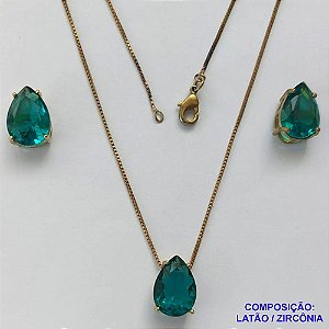 CONJUNTO NO BRUTO PRONTO PARA O BANHO - CORRENTE VENEZIANA 45CM E PINGENTE E BRINCOS COM BASE EM ALTA FUSÃO E ZIRCÔNIAS VERDE 10X14MM - PESO TOTAL 8,6GR -  BRU14374