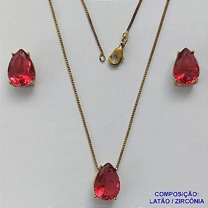 CONJUNTO NO BRUTO PRONTO PARA O BANHO - CORRENTE VENEZIANA 45CM E PINGENTE E BRINCOS COM BASE EM ALTA FUSÃO E ZIRCÔNIAS ROSA 10X14MM - PESO TOTAL 8,6GR -  BRU14375