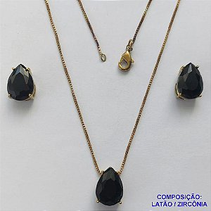 CONJUNTO NO BRUTO PRONTO PARA O BANHO - CORRENTE VENEZIANA 45CM E PINGENTE E BRINCOS COM BASE EM ALTA FUSÃO E ZIRCÔNIAS PRETA 10X14MM - PESO TOTAL 8,6GR -  BRU14376