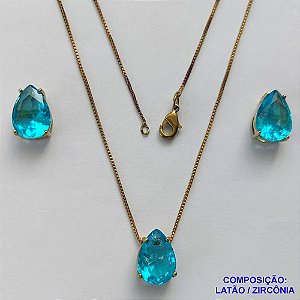 CONJUNTO NO BRUTO PRONTO PARA O BANHO - CORRENTE VENEZIANA 45CM E PINGENTE E BRINCOS COM BASE EM ALTA FUSÃO E ZIRCÔNIAS AZUL 10X14MM - PESO TOTAL 8,6GR -  BRU14379