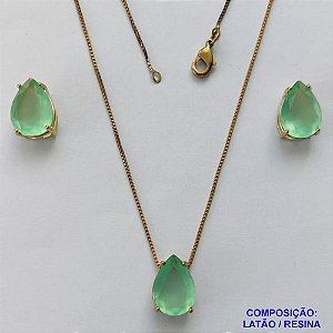 CONJUNTO NO BRUTO PRONTO PARA O BANHO - CORRENTE VENEZIANA 45CM E PINGENTE E BRINCOS COM BASE EM ALTA FUSÃO E RESINAS VERDES 10X14MM - PESO TOTAL 6GR -  BRU14380