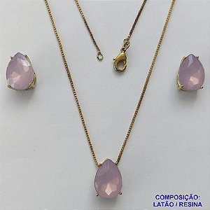 CONJUNTO NO BRUTO PRONTO PARA O BANHO - CORRENTE VENEZIANA 45CM E PINGENTE E BRINCOS COM BASE EM ALTA FUSÃO E RESINAS LILÁS 10X14MM - PESO TOTAL 6GR -  BRU14381