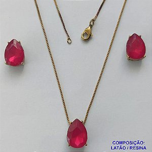 CONJUNTO NO BRUTO PRONTO PARA O BANHO - CORRENTE VENEZIANA 45CM E PINGENTE E BRINCOS COM BASE EM ALTA FUSÃO E RESINAS ROSA 10X14MM - PESO TOTAL 6GR -  BRU14383