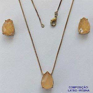 CONJUNTO NO BRUTO PRONTO PARA O BANHO - CORRENTE VENEZIANA 45CM E PINGENTE E BRINCOS COM BASE EM ALTA FUSÃO E RESINAS AMARELAS 10X14MM - PESO TOTAL 6GR -  BRU14385