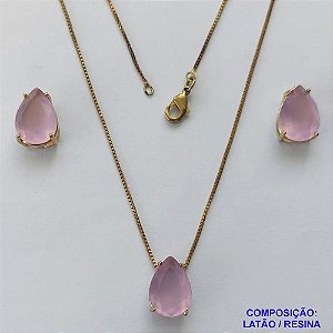 CONJUNTO NO BRUTO PRONTO PARA O BANHO - CORRENTE VENEZIANA 45CM E PINGENTE E BRINCOS COM BASE EM ALTA FUSÃO E RESINAS ROSAS 10X14MM - PESO TOTAL 6GR -  BRU14386