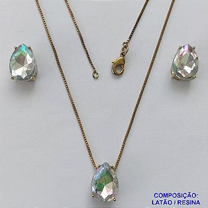 CONJUNTO NO BRUTO PRONTO PARA O BANHO - CORRENTE VENEZIANA 45CM E PINGENTE E BRINCOS COM BASE EM ALTA FUSÃO E RESINAS CRISTAL 10X14MM - PESO TOTAL 6GR -  BRU14387