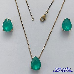 CONJUNTO NO BRUTO PRONTO PARA O BANHO - CORRENTE VENEZIANA 45CM E PINGENTE E BRINCOS COM BASE EM ALTA FUSÃO E RESINAS VERDE 10X14MM - PESO TOTAL 6GR -  BRU14400