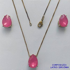 CONJUNTO NO BRUTO PRONTO PARA O BANHO - CORRENTE VENEZIANA 45CM E PINGENTE E BRINCOS COM BASE EM ALTA FUSÃO E RESINAS ROSA 10X14MM - PESO TOTAL 6GR -  BRU14401