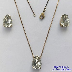CONJUNTO NO BRUTO PRONTO PARA O BANHO - CORRENTE VENEZIANA 45CM E PINGENTE E BRINCOS COM BASE EM ALTA FUSÃO E RESINAS CRISTAL 10X14MM - PESO TOTAL 6GR -  BRU14406