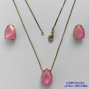 CONJUNTO NO BRUTO PRONTO PARA O BANHO - CORRENTE VENEZIANA 45CM E PINGENTE E BRINCOS COM BASE EM ALTA FUSÃO E RESINAS PINK 10X14MM - PESO TOTAL 6GR -  BRU14409
