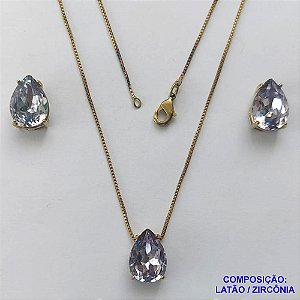 CONJUNTO NO BRUTO PRONTO PARA O BANHO - CORRENTE VENEZIANA 45CM E PINGENTE E BRINCOS COM BASE EM ALTA FUSÃO E RESINAS CINZA CRISTAL 10X14MM - PESO TOTAL 6GR -  BRU14410