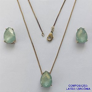 CONJUNTO NO BRUTO PRONTO PARA O BANHO - CORRENTE VENEZIANA 45CM E PINGENTE E BRINCOS COM BASE EM ALTA FUSÃO E RESINAS VERDE CLARA 10X14MM - PESO TOTAL 6GR -  BRU14411
