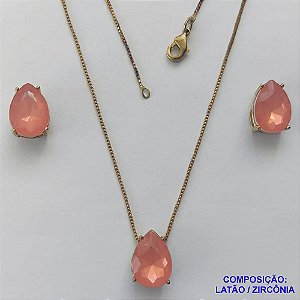 CONJUNTO NO BRUTO PRONTO PARA O BANHO - CORRENTE VENEZIANA 45CM E PINGENTE E BRINCOS COM BASE EM ALTA FUSÃO E RESINAS ROSA 10X14MM - PESO TOTAL 6GR -  BRU14413