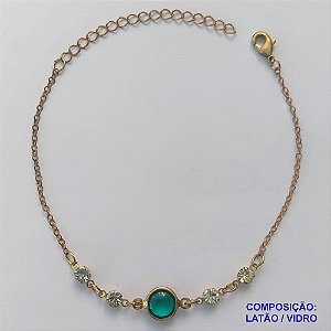 PULSEIRA PRONTO PARA O BANHO - (CX.50) PULSEIRA COM STRASS E PINGENTE EM VIDRO VERDE TAMANHO 17CM + EXTENSOR - PESO TOTAL 1,6GR - BRU14414