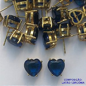 BRINCO NO BRUTO PRONTO PARA O BANHO - BRINCOS DE PINO COM BASE EM ALTA FUSÃO E PEDRA EM ZIRCÔNIA CORAÇÃO AZUL ESCURO 10X10MM - PESO TOTAL 2,7GR - BRU14415