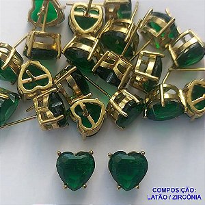 BRINCO NO BRUTO PRONTO PARA O BANHO - BRINCOS DE PINO COM BASE EM ALTA FUSÃO E PEDRA EM ZIRCÔNIA CORAÇÃO VERDE ESCURO 10X10MM - PESO TOTAL 2,7GR - BRU14423