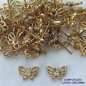 BRINCO NO BRUTO PRONTO PARA O BANHO (BX001446W) - BRINCO DE PINO BORBOLETA COM MICROS ZIRCÔNIAS - TAMANHO 6MM - PESO TOTAL DO PAR 0,7GR - BRU14442