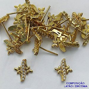 BRINCO NO BRUTO PRONTO PARA O BANHO (BX001306W) - BRINCO DE PINO FLOR COM MICROS ZIRCÔNIAS - TAMANHO 11MM - PESO TOTAL DO PAR 0,7GR - BRU14451