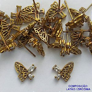 BRINCO NO BRUTO PRONTO PARA O BANHO(CX113) (BX000848W) - BRINCO DE PINO BORBOLETA COM PEDRA EM ZIRCÔNIA - TAMANHO 9MM - PESO TOTAL DO PAR 0,8GR - BRU14459