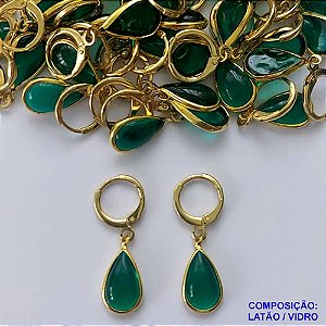 BRINCO NO BRUTO PRONTO BANHO - BRINCO ARGOLINHA DE PRESSÃO (TRANQUETA) COM PINGENTE GOTA EM VIDRO VERDE 13MM - PESO TOTAL 1,7GR - BRU14473
