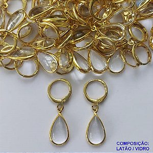 BRINCO NO BRUTO PRONTO BANHO - BRINCO ARGOLINHA DE PRESSÃO (TRANQUETA) COM PINGENTE GOTA EM VIDRO CRISTAL 13MM - PESO TOTAL 1,7GR - BRU14474