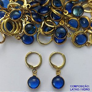 BRINCO NO BRUTO PRONTO BANHO - BRINCO ARGOLINHA DE PRESSÃO (TRANQUETA) COM PINGENTE REDONDO EM VIDRO AZUL ESCURO 8MM - PESO TOTAL 1,6GR - BRU14478