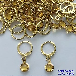 BRINCO NO BRUTO PRONTO BANHO - BRINCO ARGOLINHA DE PRESSÃO (TRANQUETA) COM PINGENTE REDONDO EM VIDRO AMARELO 6MM - PESO TOTAL 1,5GR - BRU14483