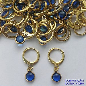BRINCO NO BRUTO PRONTO BANHO - BRINCO ARGOLINHA DE PRESSÃO (TRANQUETA) COM PINGENTE REDONDO EM VIDRO AZUL ESCURO 6MM - PESO TOTAL 1,5GR - BRU14484