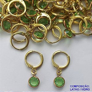 BRINCO NO BRUTO PRONTO BANHO - BRINCO ARGOLINHA DE PRESSÃO (TRANQUETA) COM PINGENTE REDONDO EM VIDRO VERDE 6MM - PESO TOTAL 1,5GR - BRU14485
