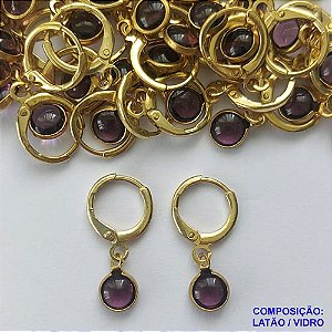 BRINCO NO BRUTO PRONTO BANHO - BRINCO ARGOLINHA DE PRESSÃO (TRANQUETA) COM PINGENTE REDONDO EM VIDRO ROXO 6MM - PESO TOTAL 1,5GR - BRU14487