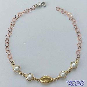 PULSEIRA NO BRUTO PRONTA PARA O BANHO - PULSEIRA PÉROLAS E BUZIO - (CX.49)  TAMANHO 18CM - PESO 2,9GR - FECHO LAGOSTA - BRU14492