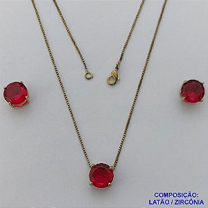CONJUNTO NO BRUTO PRONTO PARA O BANHO - CORRENTE VENEZIANA 45CM E PINGENTE E BRINCOS COM BASE EM ALTA FUSÃO E ZIRCÔNIA VERMELHA 10X10MM - PESO TOTAL 5,5GR - BRU14505