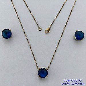 CONJUNTO NO BRUTO PRONTO PARA O BANHO - CORRENTE VENEZIANA 45CM E PINGENTE E BRINCOS COM BASE EM ALTA FUSÃO E ZIRCÔNIA AZUL ESCURA 10X10MM - PESO TOTAL 5,5GR - BRU14506