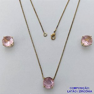 CONJUNTO NO BRUTO PRONTO PARA O BANHO - CORRENTE VENEZIANA 45CM E PINGENTE E BRINCOS COM BASE EM ALTA FUSÃO E ZIRCÔNIA ROSA 10X10MM - PESO TOTAL 5,5GR - BRU14508