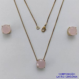 CONJUNTO NO BRUTO PRONTO PARA O BANHO - CORRENTE VENEZIANA 45CM E PINGENTE E BRINCOS COM BASE EM ALTA FUSÃO E ZIRCÔNIA ROSA LEITOSA 10X10MM - PESO TOTAL 5,5GR - BRU14510