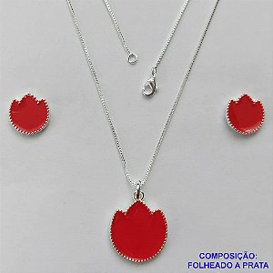 CONJUNTO FOLHEADO A PRATA COM 50 MILÉSIMOS + VERNIZ DIAMOND - CONJUNTO COM CORRENTE VENEZIANA 45CM - BRINCOS DE PINO FLOR ESMALTADA 14MM E PINGENTE EM FLOR ESMALTADA VERMELHO 20MM - PRA227