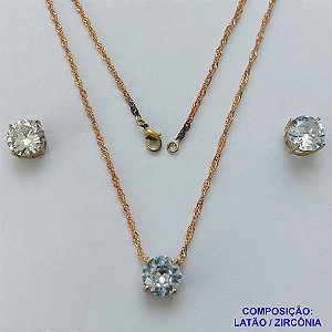 CONJUNTO NO BRUTO PRONTO PARA O BANHO - CORRENTE SINGAPURA 45CM E PINGENTE E BRINCOS COM BASE EM ALTA FUSÃO E ZIRCÔNIA CRISTAL 10X10MM - PESO TOTAL 7,1GR - BRU14519