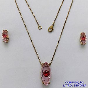 CONJUNTO NO BRUTO PRONTO PARA O BANHO(CX114) - CORRENTE VENEZIANA 45CM E PINGENTE E BRINCOS COM BASE EM ALTA FUSÃO E ZIRCÔNIAS ROSAS 10X20MM - PESO TOTAL 6,8GR - BRU14570
