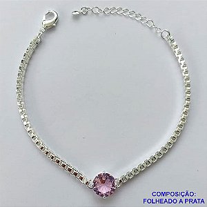 PULSEIRA FOLHEADA A PRATA COM 50 MILÉSIMOS + VERNIZ DIAMOND - PULSEIRA COM CORRENTE QUADRADINHA 3MM COM PEDRA EM ZIRCÔNIA REDONDA 10X10MM - TAMANHO: 18CM + EXTENSOR E FECHO LAGOSTA (ESCOLHA A COR) PRA245