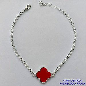 PULSEIRA FOLHEADA A PRATA COM 50 MILÉSIMOS + VERNIZ DIAMOND - PULSEIRA COM TREVO TIPO VAN CLEEF VERMELHA 18MM - TAMANHO: 18CM + EXTENSOR E FECHO LAGOSTA - PRA247
