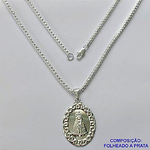 GARGANTILHA FOLHEADA A PRATA COM 50 MILÉSIMOS + VERNIZ DIAMOND - CORDÃO COM CORRENTE 3MM - TAMANHO: 60CM E FECHO LAGOSTA E PINGENTE MEDALHA OVAL NOSSA SRA APARECIDA 27X32MM - PRA250