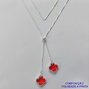 GARGANTILHA FOLHEADA A PRATA COM 50 MILÉSIMOS + VERNIZ DIAMOND - GARGANTILHA GRAVATINHA (REGULÁVEL) 70CM COM PINGENTES TIPO VAN CLEEF VERMELHO EM VIDROS 15MM - PRA252