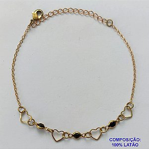 PULSEIRA NO BRUTO PRONTA PARA O BANHO - (CX.117)  PULSEIRA COM CORAÇÕES VAZADOS E STRASS PRETOS - TAMANHO 18CM + EXTENSOR - PESO TOTAL 1,8GR - BRU14585