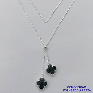 GARGANTILHA FOLHEADA A PRATA COM 50 MILÉSIMOS + VERNIZ DIAMOND - GARGANTILHA GRAVATINHA (REGULÁVEL) 70CM COM PINGENTES TIPO VAN CLEEF PRETO EM VIDROS 15MM - PRA253