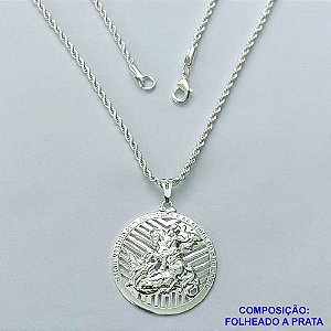 GARGANTILHA FOLHEADA A PRATA COM 50 MILÉSIMOS + VERNIZ DIAMOND - GARGANTILHA CORRENTE CORDÃO BAIANO 60CM PINGENTE MEDALHA REDONDA SÃO JORGE DETALHES VAZADOS 35MM E FECHO LAGOSTA - PRA259