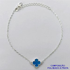 PULSEIRA FOLHEADA A PRATA COM 50 MILÉSIMOS + VERNIZ DIAMOND - PULSEIRA 18CM + EXTENSOR COM PINGENTE TIPO VAN CLEEF AZUL 10MM - PRA263