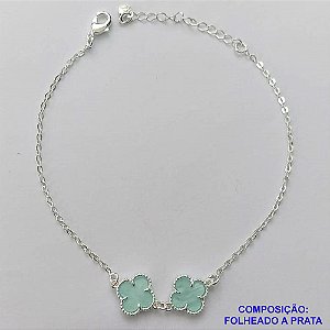 PULSEIRA FOLHEADA A PRATA COM 50 MILÉSIMOS + VERNIZ DIAMOND - PULSEIRA 18CM + EXTENSOR COM PINGENTES TIPO VAN CLEEF AZUL CLARA 10MM - PRA264
