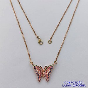 GARGANTILHA NO BRUTO PRONTA PARA O BANHO - (CX.46)  CORRENTE 45CM E PINGENTE BORBOLETA TODA CRAVEJADA EM MICROS ZIRCÔNIAS COLORIDAS 18X27MM - PESO TOTAL 3,5GR - BRU14589